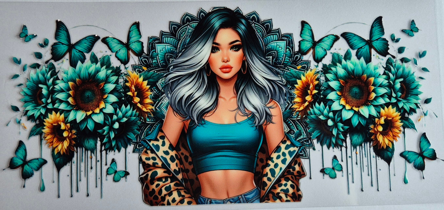 Girl Aqua Flowers Butterflies Mandala