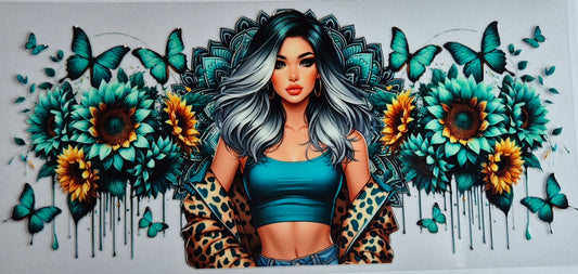 Girl Aqua Flowers Butterflies Mandala